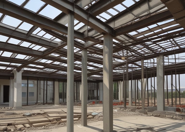 A modern building facade features a combination of concrete and large glass panels. A distinctive triangular teal-blue metallic element runs vertically along part of the structure, adding a unique architectural detail. Windows of varying sizes are present, some reflecting light, contributing to a sleek and contemporary design.