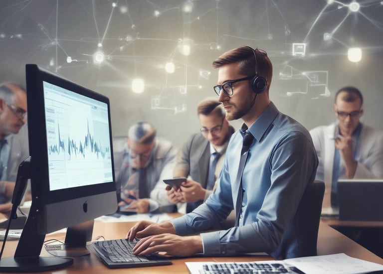 A dimly lit desk setup featuring a computer monitor displaying a document titled 'General Hardening Guideline'. The desk has a mechanical keyboard with blue and red keys, a lamp providing light on the right side, and various small items including notes pinned to the wall, a notebook, and a cup. There is a mesh office chair in front of the desk.