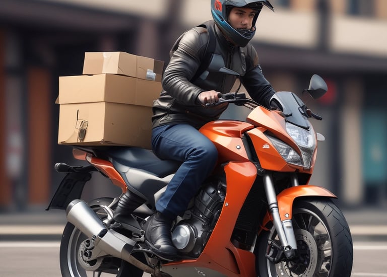 a man riding a motorcycle with a box on it