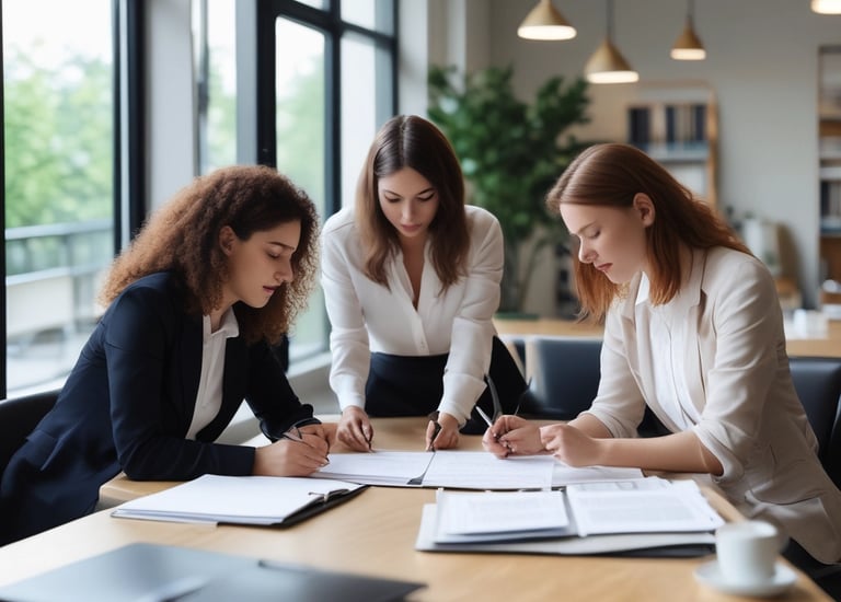 four woman on brown wooden table looking at laptops