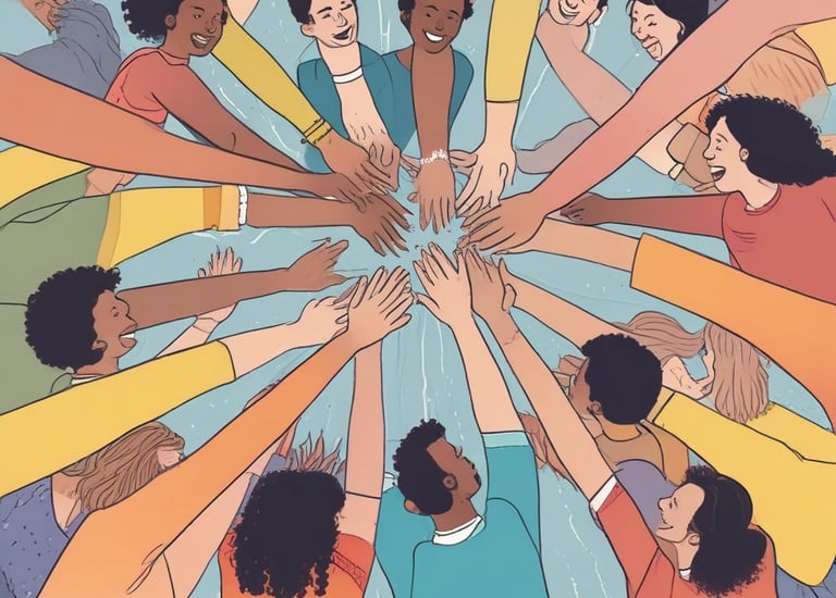 A conference room set up for a presentation or workshop with red chairs arranged around tables. Each table contains glasses, notepads, and black bags with logos. A projector screen at the front displays a title. Banners with graphics and text are positioned on either side of the room. A plant adds greenery to the setting.