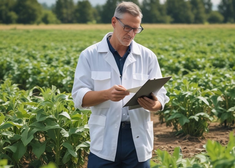 Two green cacao pods grow directly from the trunk of a tree, surrounded by a lush, green environment.