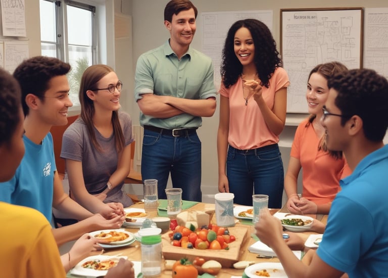 Three individuals are engaged in a communal cooking activity inside a rustic, brick-walled room. The lighting is dim, hinting at a historical or vintage setting, with dust and light beams visible. The people appear to be preparing food over makeshift cooking implements, surrounded by various kitchen tools and equipment.