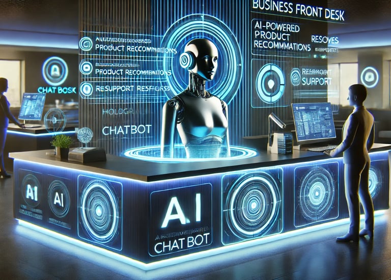 A futuristic business front desk where an AI-powered chatbot interacts seamlessly with customers. A 