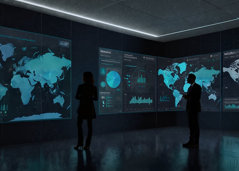 two people standing in front of a large screen with a map of the world