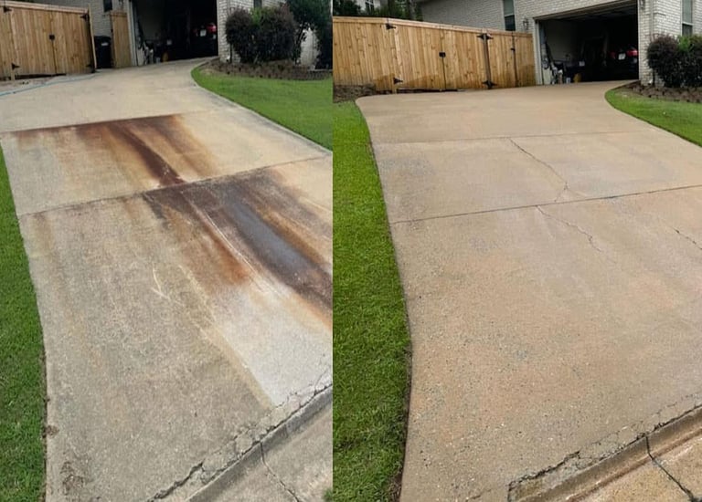 Driveway before and after pressure washing, eliminating stains and dirt
