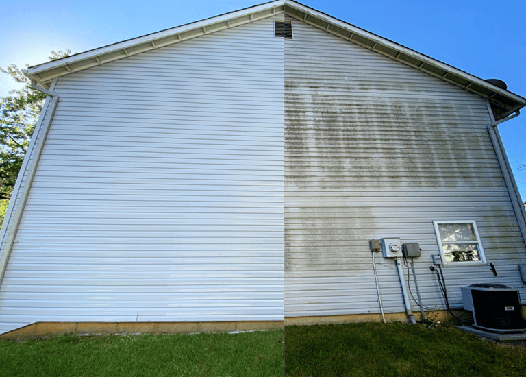 House exterior before and after soft washing, restoring its clean look