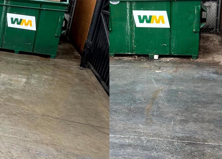 Dumpster area before and after power washing, removing stains and buildup