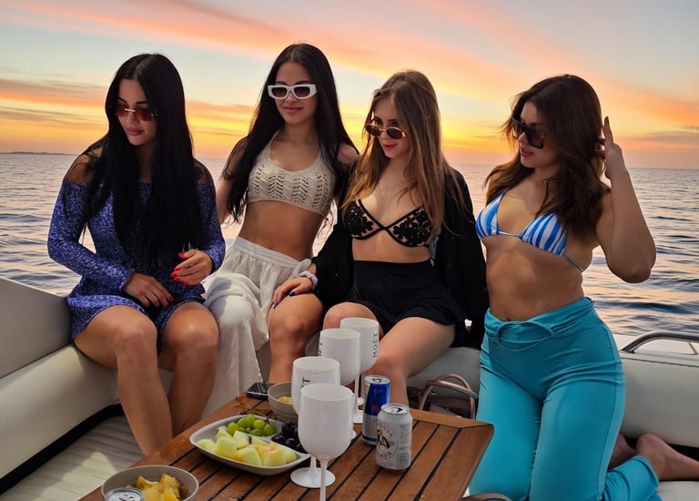 amigas disfrutando de barco al atardecer