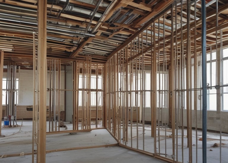 A construction scene with workers building a multi-story wooden structure. Two people are on the roof and another is on a lift, all actively engaged in the building process. The unfinished structure has exposed wooden frames and large window openings.