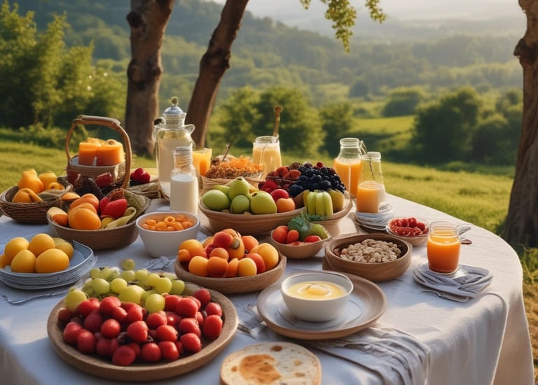 A kitchen countertop features various healthy food items including protein bars on a slate tray, a jar of yellow hummus, a wooden spoon, and a mug with a heart design. Packages of Alver Easy Protein powder are visible in the background. Fresh herbs, a bowl of blueberries, a container with seeds, strawberries, cherry tomatoes, and an avocado are also present, suggesting a focus on natural ingredients.