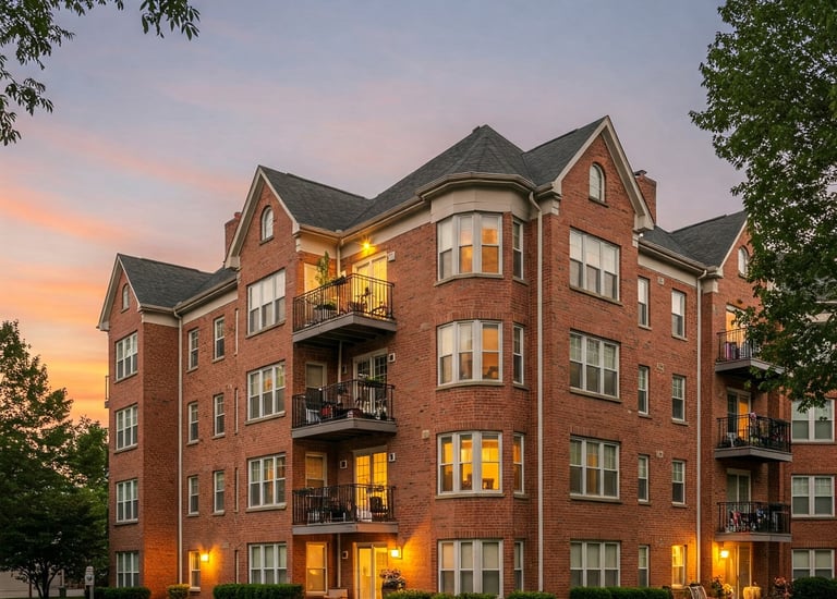 un immeuble en briques avec fenêtres éclairées