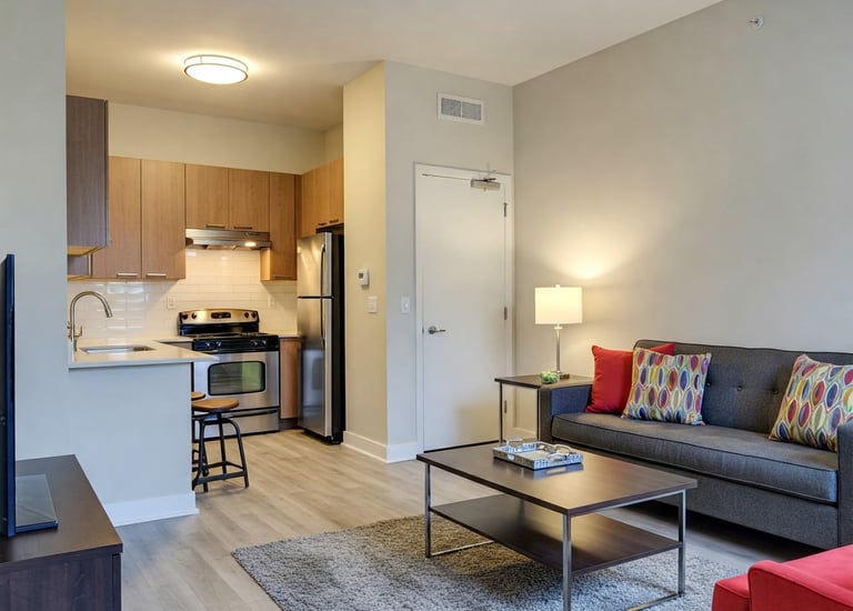 un salon avec un canapé et cuisine ouverte