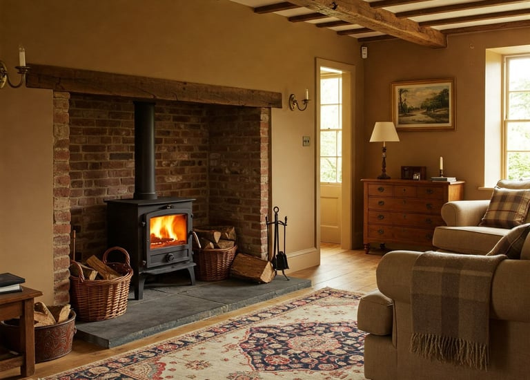 un salon avec fauteuil et poêle