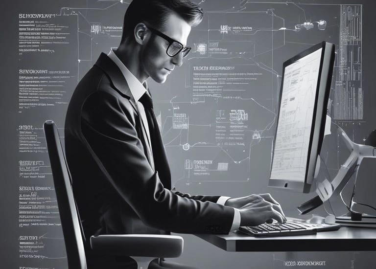 A computer screen displaying web design content and code side by side. The left side features text describing a product designer's work and experience, while the right side shows colorful, highlighted code lines on a dark background.