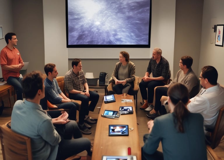 a group of people sitting around a table with a projector