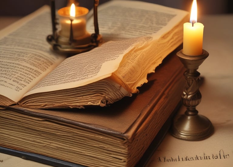 an open book on a table with candles burning beside it