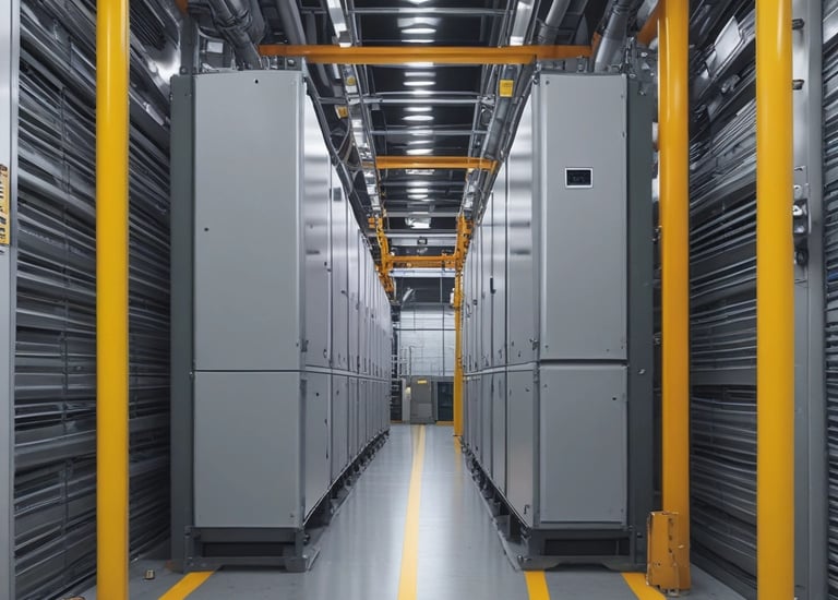 Industrial electrical installation team working on high voltage equipment in a factory setting.