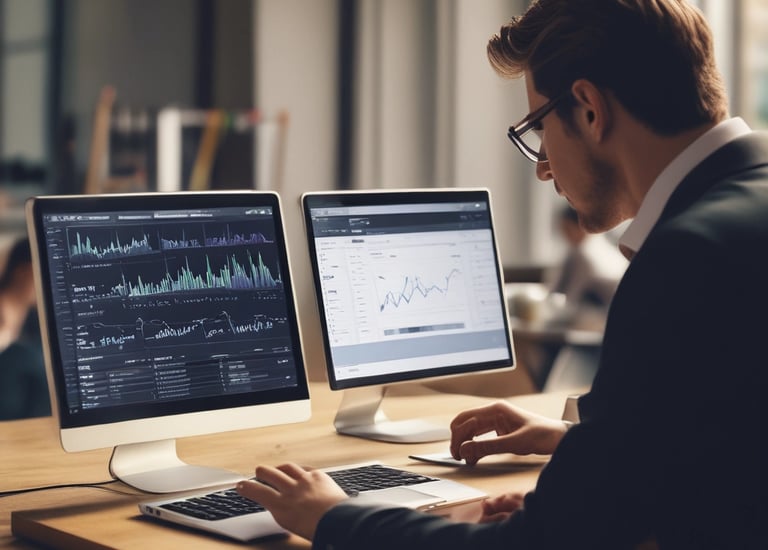 A laptop with an open screen displaying dashboard analytics featuring charts, graphs, and numerical data related to sales and subscriptions. The interface is predominantly dark-themed with sections highlighting key performance metrics. The device shown is a MacBook Pro, indicated by the keyboard layout and branding.