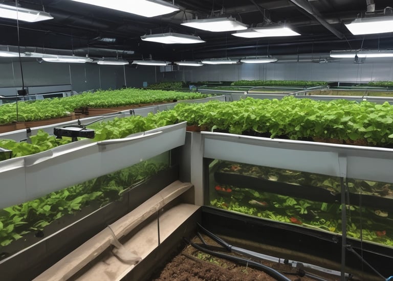 A vibrant aquaponics system showcasing various plants and fish.