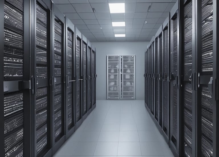 Several server racks with the logo 'imgIX' are neatly arranged in a data center. The racks are equipped with blue and yellow cable management, ensuring proper organization of the cables inside. The room is well-lit with overhead lighting and has a modern, clean appearance.