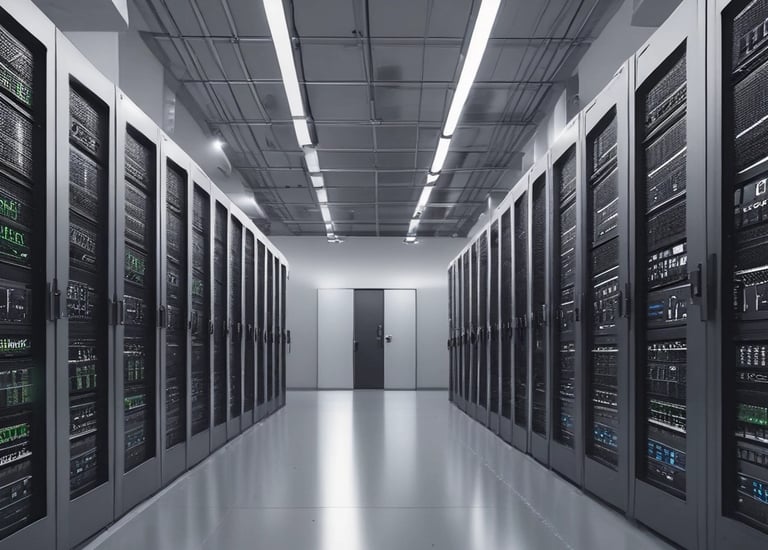 A close-up view of a server rack in a data center, showing rows of servers with blue LED lights glowing. Several network cables are connected to the servers, with labels indicating their connections.