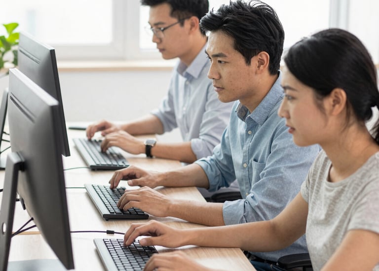 A classroom scene where a student seated at a desk is using a tablet with an external keyboard. The student is wearing headphones. In the background, other students are also using tablets and working at their desks. The classroom has educational posters on the walls and a whiteboard at the front.