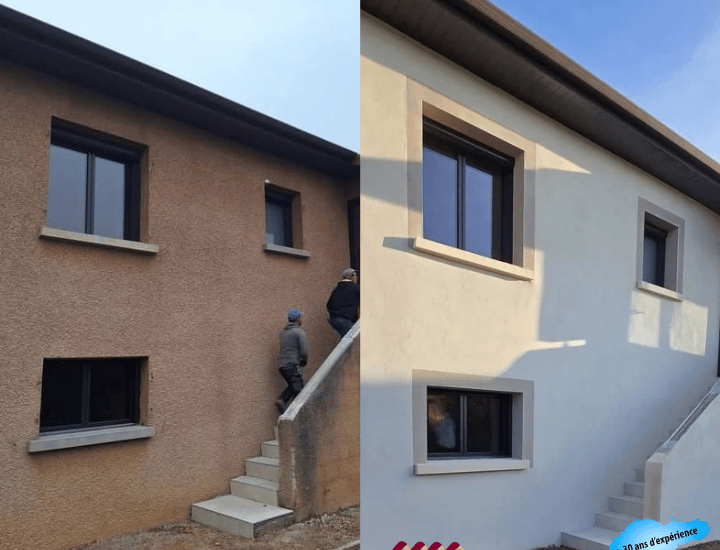 Ravalement de façade avec enduit monocouche finition talochée à Bourgoin-Jallieu"