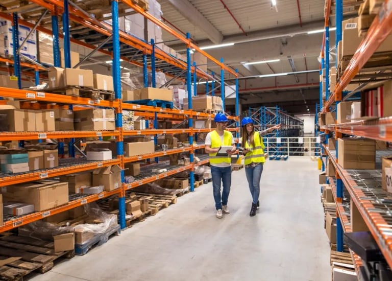 two workers in a warehouse with boxes and boxes