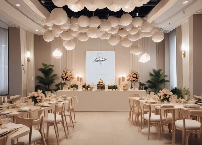 Salle avec banquet et luminaires suspendus 