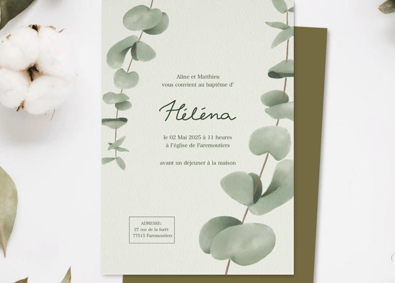 Faire part vert avec dessin de feuilles d’eucalyptus 