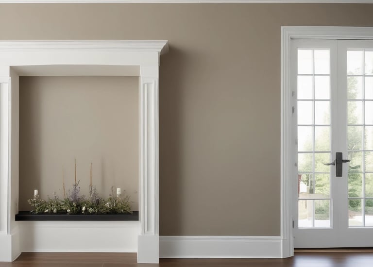 A painted building facade with architectural elements such as columns and windows, featuring an upper section depicting birds flying in a sky backdrop among leaves and decorative curtains.