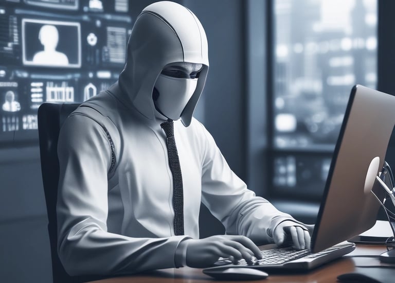 A dimly lit room features a desktop monitor and a laptop on a desk, both displaying lines of code and digital graphics. The primary focus is on programming and software development, with a dark, tech-centric theme.