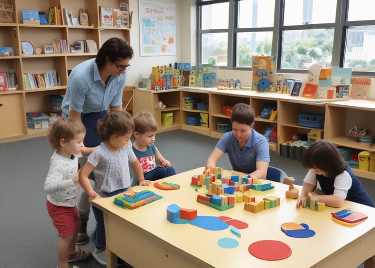 A bright and colorful children's play area with circular seating in pastel shades of pink, green, and blue. The room is filled with various play equipment and toys, including a playhouse and books. The ceiling is decorated with green and blue hanging flags, and the flooring is wooden. Large windows at the far end allow natural light to flood the room.