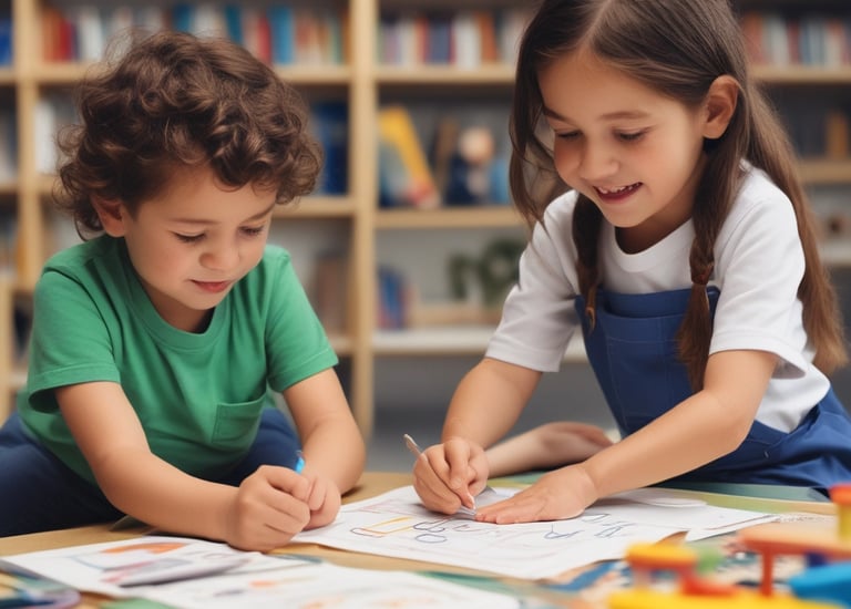 Several children are gathered around a low wooden table in a classroom, focusing on their studies. The room has simple furnishings with colorful plastic chairs, primarily green and blue, and a few educational materials visible. There are signs of wall wear, with paint peeling and chipped areas, and a window on one side letting in natural light. Decorations made of paper hang from the ceiling, adding a touch of color.