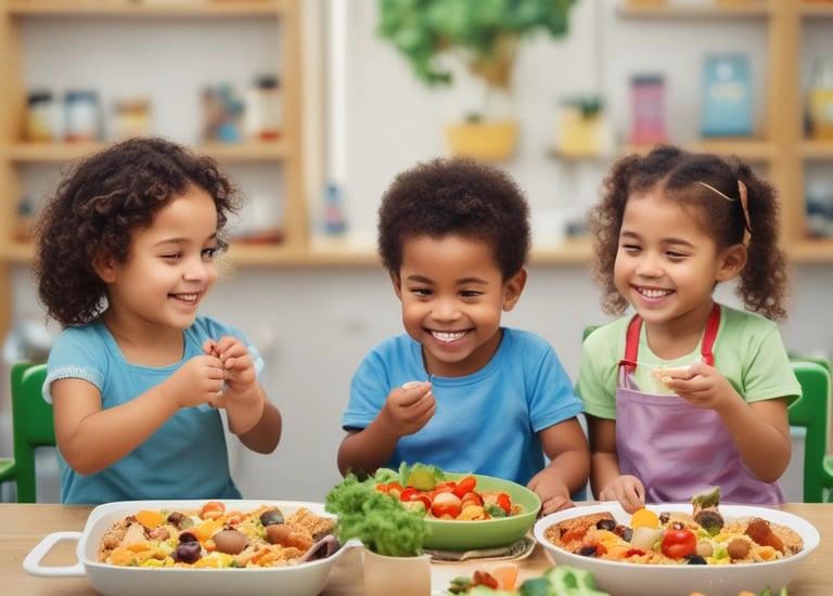 A young child wearing a bright pink outfit is sitting on the floor in a playful pose, with arms raised and a joyful expression. Surrounding the child are colorful toys and educational materials. The setting appears to be a classroom or playroom with toys, books, and wooden shelving in the background.