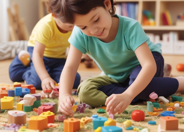 A group of children gathers outdoors on an orange mat placed on the ground near a brick wall and rustic building. Some children are sitting with books, while others stand nearby. There's an atmosphere of informal learning or play in a rural setting.