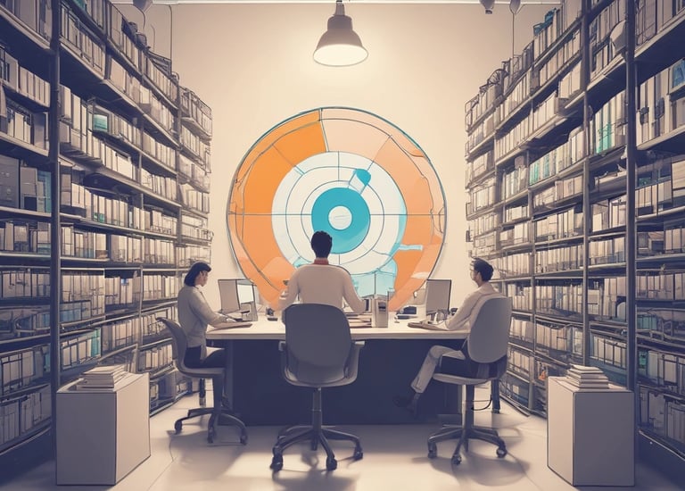 A yellow industrial vehicle is operating at a wood processing facility near a large body of water. Stacks of neatly piled logs are arranged on either side of the vehicle. The water in the background has a vivid blue color.