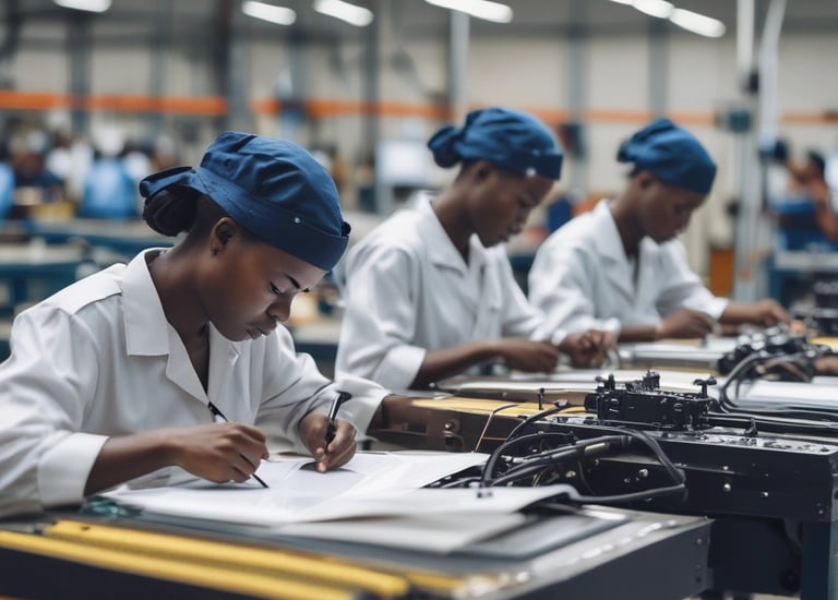 A creative studio space featuring a letterpress and linoprint workshop with printed artworks and tools. Posters with inspirational messages are suspended from the ceiling. A well-organized, artistic workspace with a wooden type cabinet and various paper materials. The room is bright and airy, with a window providing natural light.