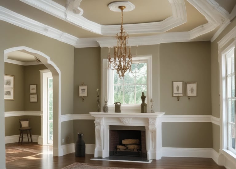 An elegant interior with a curved balcony supported by tall, ornate columns. A large painting hangs on the wall behind the columns, and intricate railings adorn the balcony. The ceiling is decorated with molding, and the stairs feature patterned carpeting.