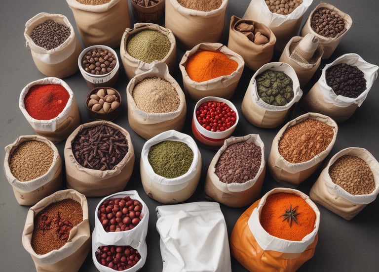 A variety of imported raw materials displayed.