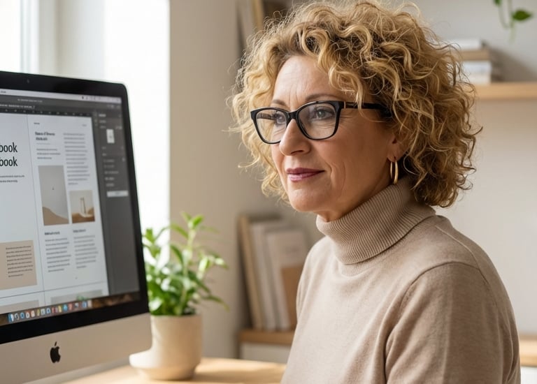 Daniela Arisci al computer mentre lavora al suo ecosistema digitale per vendere prodotti digitali