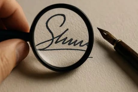Perito calígrafo verificando la autenticidad de una firma dubitada