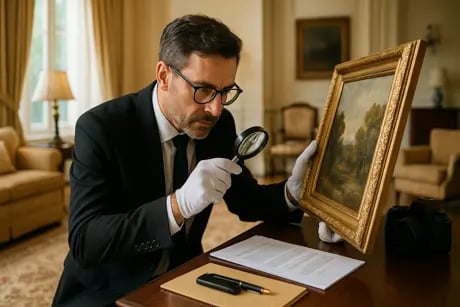 Perito en valoración de contenido examinando una obra de arte