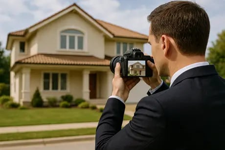 Perito en valoración inmobiliaria fotografiando chalet