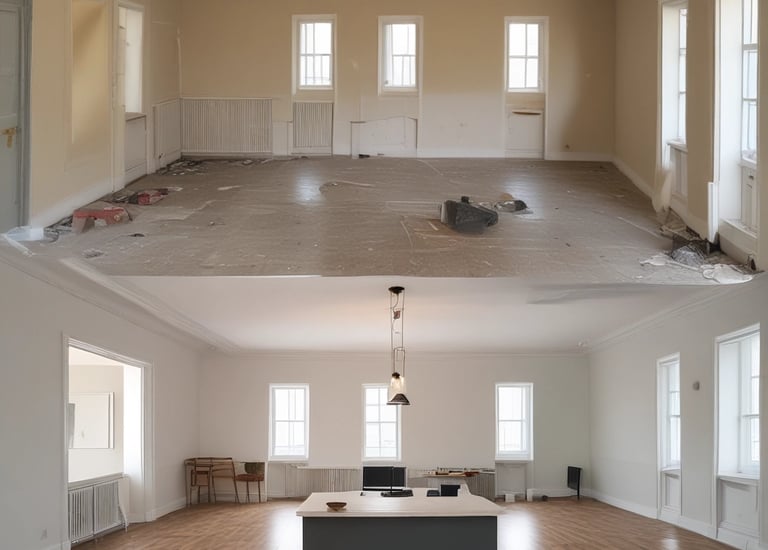 The image depicts a partially renovated or under-construction room. An unfinished wall with visible drywall and joints can be seen, alongside scattered construction materials like a ladder, wooden boards, and yellow construction buckets. A door is propped open, leading to a dimly lit area with more materials stacked in the background.