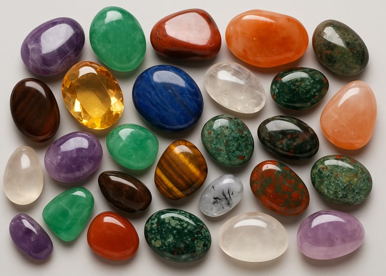 Assorted polished colorful gemstones on a surface.