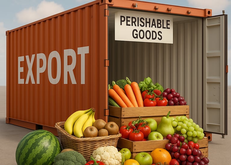 "Shipping container labeled Export with perishable goods"