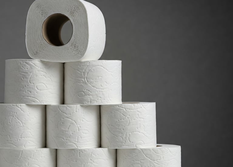 Stacked white toilet paper rolls in a pyramid shape.