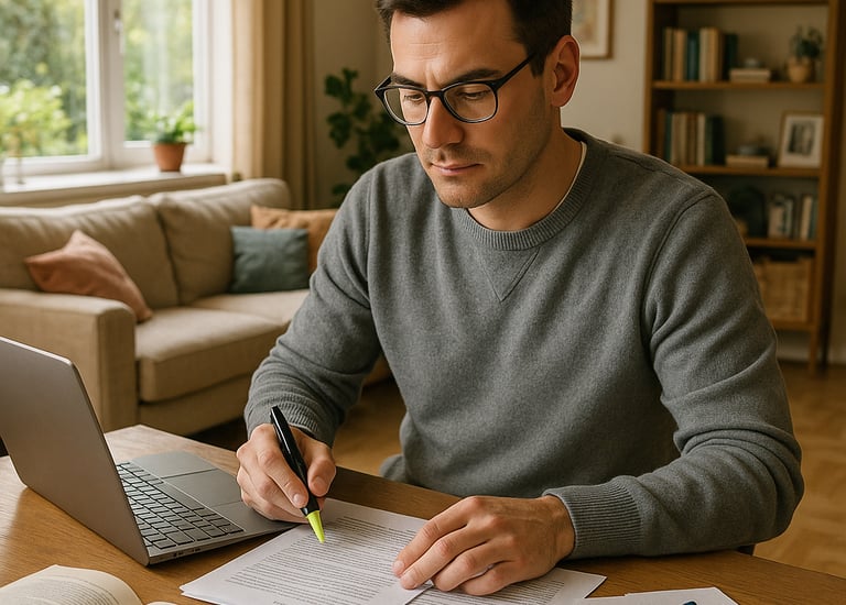 Opositor estudiando en el salón de su casa